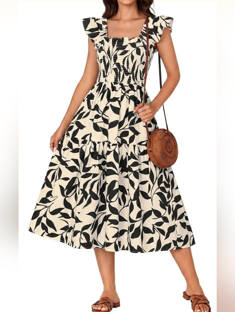 NWT Floral Midi Dress Size Large Black & Cream Cottagecore Coastal